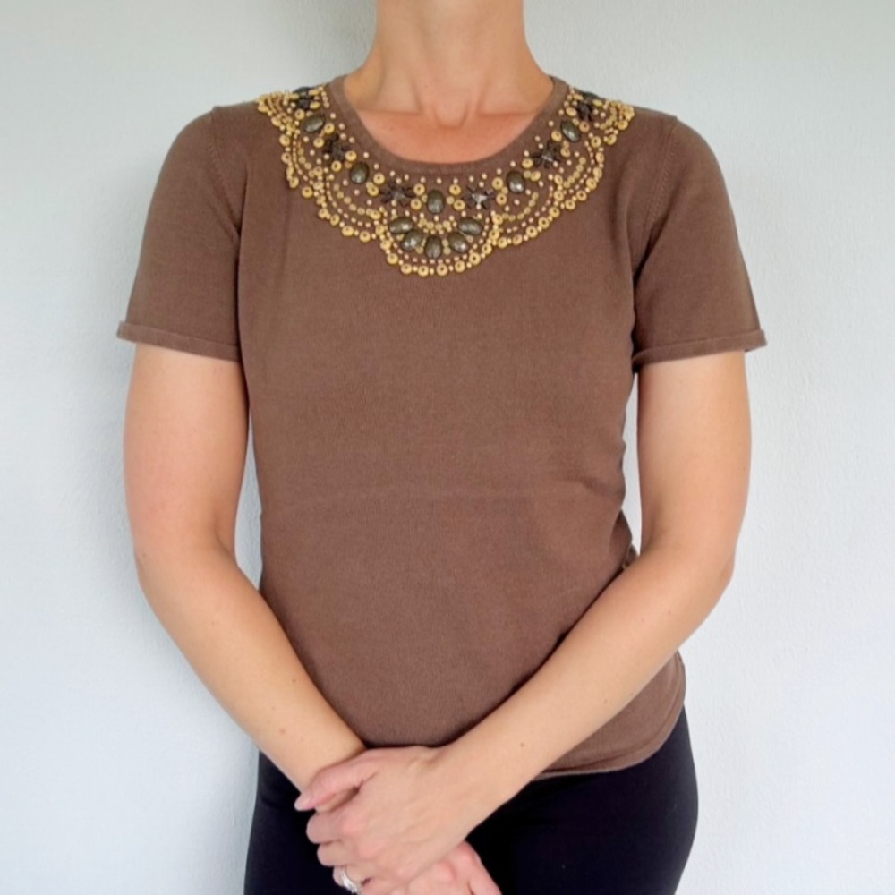 Alfred Dunner Petite light brown beaded neckline short sleeve sweater size large